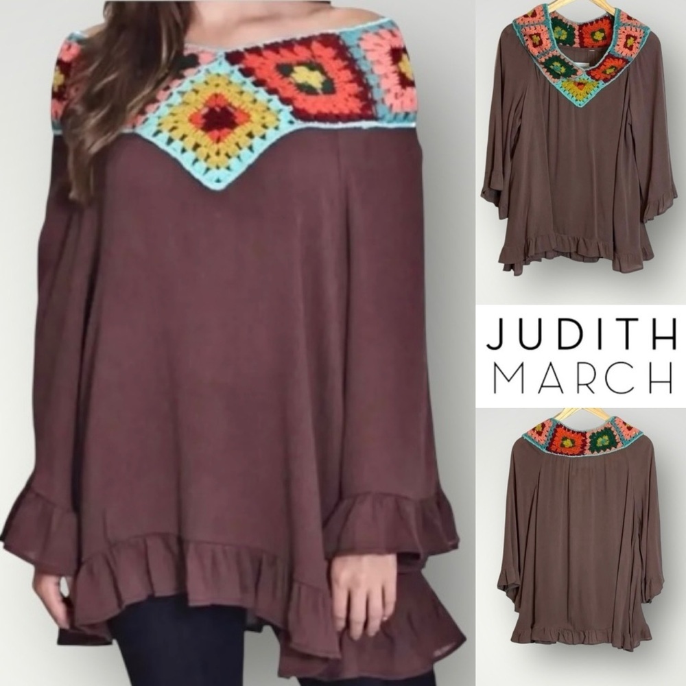 Judith March Crochet Off Shoulder Ruffle Hem Tunic Top Large Brown Granny Square